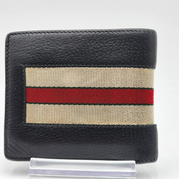 GUCCI Men's Bifold Wallet-Logo Stripe Web Black Leather - Picture 4 of 17